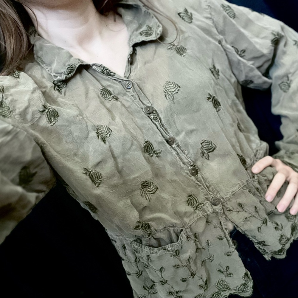 Johnny Was Olive Green Embroidered Blouse